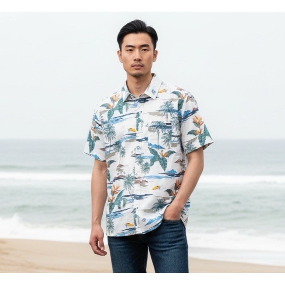 Hurley Men's Small Tropical Short Sleeve Button Up Shirt White Multi‎ New